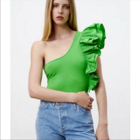Zara | Tops | Zara Womens Green Solid One Shoulder Asymmetric Ruffled  Bodysuit Size Small | Poshmark